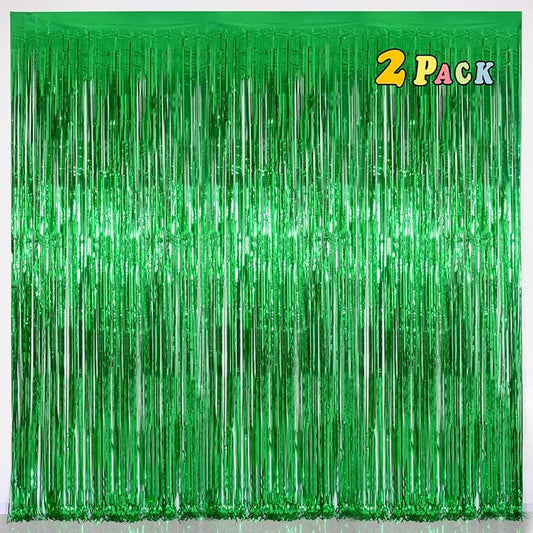 Melsan St Patricks Day Decorations, Tinsel Foil Fringe Curtains for St Patricks Day Decorations, Green Tinsel Fringe Curtain for Christmas, Birthday Jungle Theme Party Decor, Pack of 2