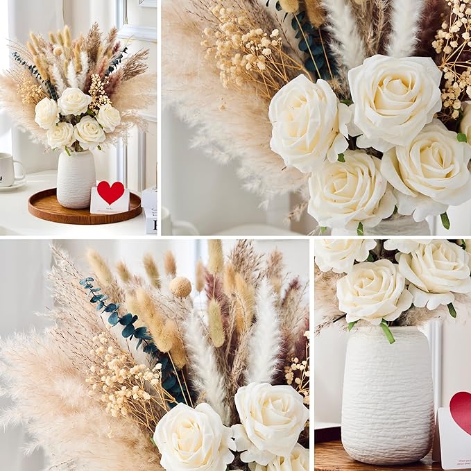 100pcs Artificial Flowers Arrangement With Ceramic Vase Included, Fake Flowers in Vase, Table Centerpiece Decorations, Boho Natural Dried Pampas Grass, Dining Table, Coffee Table, Living Room Decor