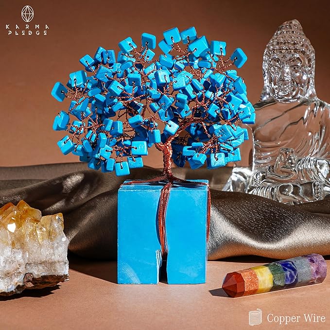 Crystal Treesof Life Feng Shui Décor for Home and Office, Turquoise Chakra Healing Crystal Handmade Tree for Positive Energy, Money, Good Luck, Christmas Décor, Birthday Gifts for Women