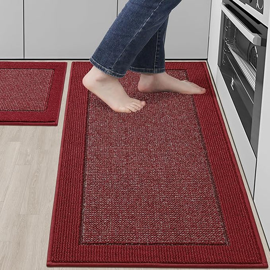 BEQHAUSE Kitchen Rugs and Mats Set of 2 Non-Slip Kitchen Mats for Floor, Absorbent and Stain Resistant Kitchen Runner, Machine Washable Rugs for Kitchen, Laundry & Sink, 20"x32"+20"x48", Red
