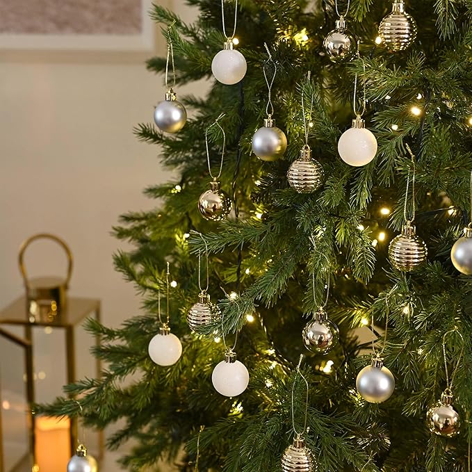 Valery Madelyn 1.57 Inches Small Christmas Tree Decorations Ornament Set for 4th of July Fall Halloween, 24ct White and Gold Shatterproof Hanging Ball Ornaments Holiday Party Decor