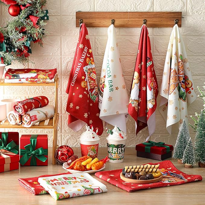 12 Pcs Christmas Kitchen Towels and Dishcloths Absorbent Christmas Tree Reindeer Truck Hand Dish Towels Decoration for Xmas Home Gift Supplies, 14.2 x 21.3 Inch(Classic Style)