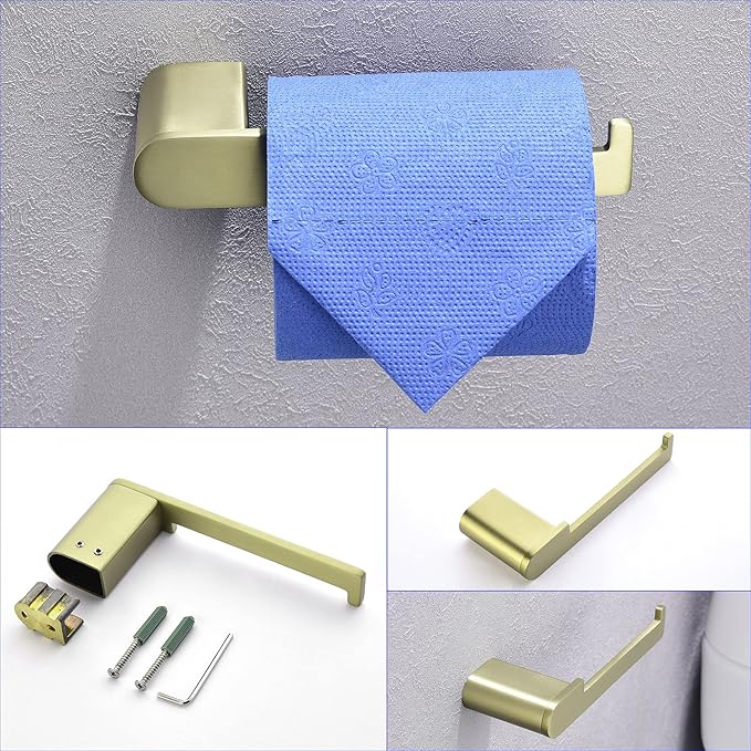 SHAMANDA Bathroom Hardware Set, 4-Piece Bath Accessory Towel Rack Set Brushed Gold Wall Mount Includes 24 Inch Towel Bar, Towel Robe Hook, Toilet Roll Paper Holder, Hand Tower Holder, BAS101-3