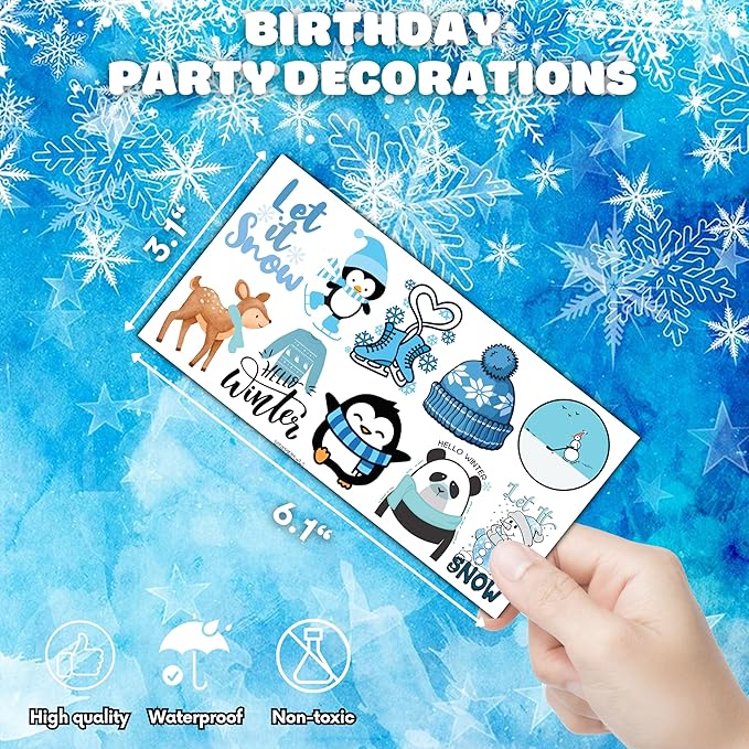 100 PCS Funny Blue Winter Temporary Tattoos Sticker Snowman Birthday Snowflake Christmas Party Decorations Decor Supplies Favors Gifts Girls Boys Baby Showers Cute Fake Tattoos Classroom Reward Themed
