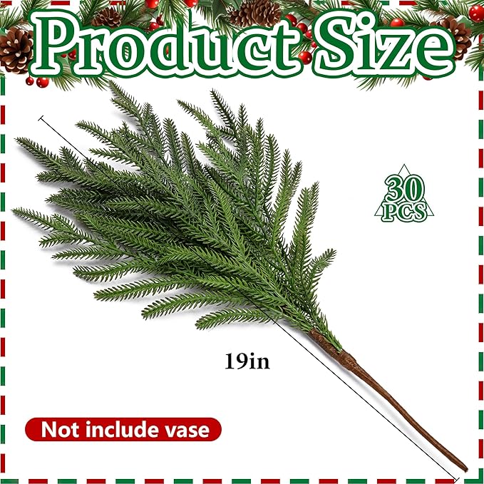 30 Pcs Christmas Norfolk Pine Branches, 19" Extra Length Fake Greenery Norfolk Pine Stems Sprigs, Artificial Xmas Branches Plants Pines Needles for DIY Craft Garland Home Garden Decor
