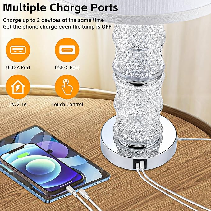 GRUENLICH Crystal Bedside Lamps Set of 2, Chrome Nightstand Bedroom Light with Touch Control, 3-Way Dimmable Table Lamps, USB C+A Charging Ports for Living Room and End Tables