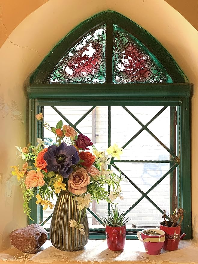 Artificial Faux Flowers in Vase, Silk Flower Arrangement Artificial Floral Centerpiece, Table Centerpieces for Dining Room Home Decor Valentine's Day Gift (Spring)