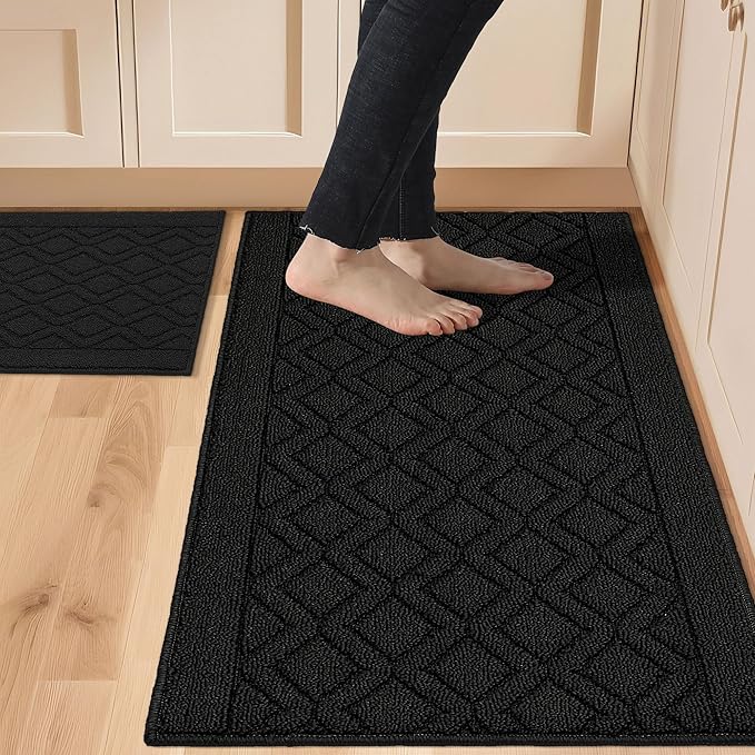 COSY HOMEER 48x20 Inch/30X20 Inch Kitchen Rug Mats Made of 100% Polypropylene 2 Pieces Soft Kitchen Mat Specialized in Anti Slippery and Machine Washable,Black