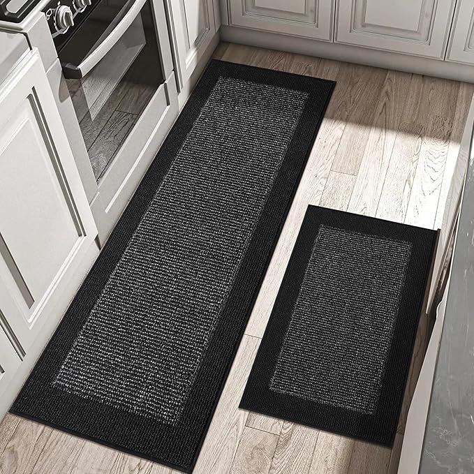 BEQHAUSE Kitchen Rugs and Mats Set of 2 Non-Slip Kitchen Mats for Floor, Absorbent and Stain Resistant Kitchen Runner, Machine Washable Rugs for Kitchen, Laundry & Sink, 20"x32"+20"x48", Black