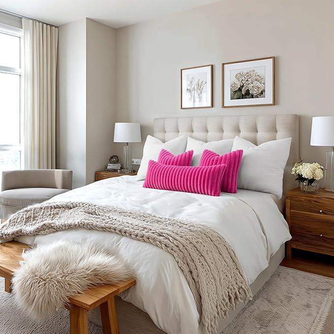 MIULEE Faux Fur Large Decorative Throw Pillow Covers 24x24 Inch Set of 2, Retro Vintage Boho Home Decor Soft Plush Couch Pillows Cozy Fluffy Cushion Covers for Sofa Bed Hot Pink