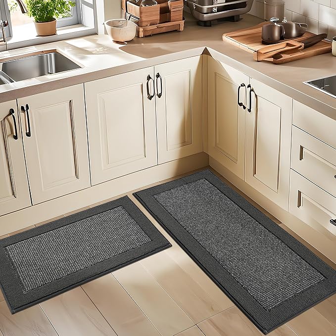 BEQHAUSE Kitchen Rugs and Mats Set of 2 Non-Slip Kitchen Mats for Floor, Absorbent and Stain Resistant Kitchen Runner, Machine Washable Rugs for Kitchen, Laundry & Sink, 20"x32"+20"x48", Charcoal