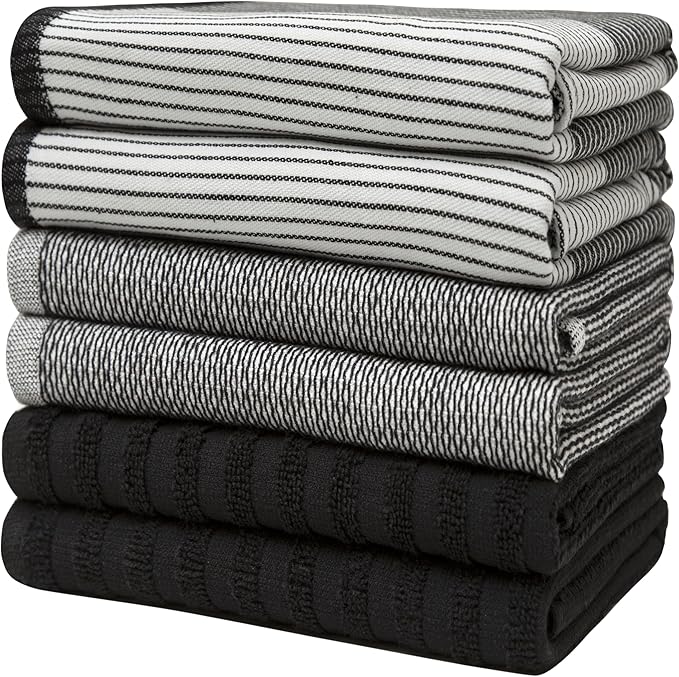 Premium Large Cotton Kitchen Hand & Dish Towels (20”x 28”, 6 Pack) - Highly Absorbent Flat & Terry Towels with Hanging Loop - Black
