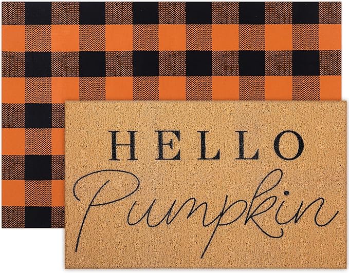 2 Pcs Halloween Door Mat Thanksgiving Hello Pumpkin Welcome Non Slip Coir Mats Fall Black Orange Buffalo Plaid Floor Layering Doormats Seasonal for Front Porch Entryway Decor(Black Orange)
