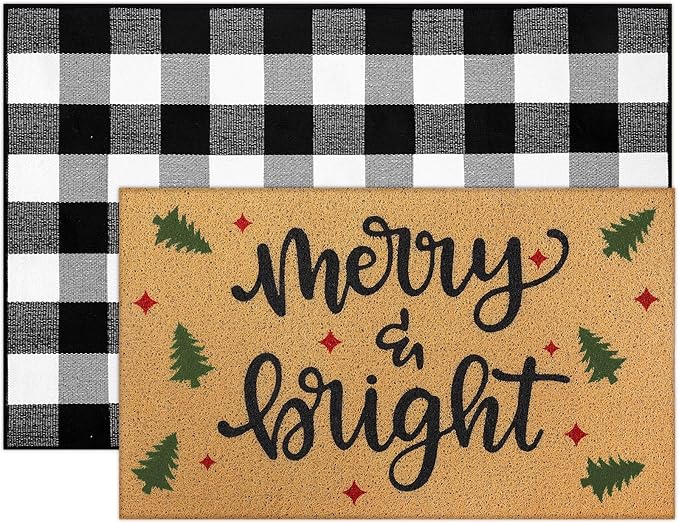 2 Pcs Christmas Welcome Door Mat Merry Bright Outdoor Welcome Mats for Front Door Non Slip Xmas Tree Coir Floor Mat Black White Check Christmas Rug for Outside Front Porch Entryway Decor