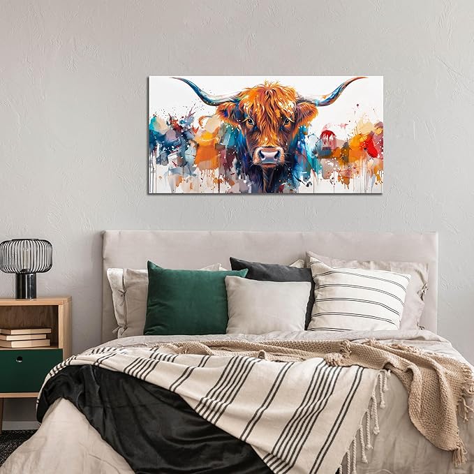 ZHAOSHOP Highland Cow Artwork Wall Decor for Living Room - Colorful Graffiti Wall Art for Office - Modern Wall Decor Teen Bedroom Size 20" x 40"