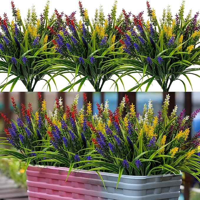 Artificial Flowers for Outdoor Plants 24 Bundles Fake Lavender Plastic Faux Monkey Grass for Verandah Window Garden Office Patio Front Porch UV Resistant for Planter(5 Colors)