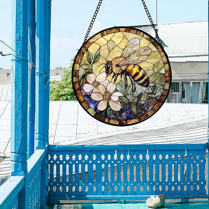 Stained Glass Window Hanging, Vintage Bee Yellow Flower Sun Catcher for Window Door Home Decor Suncatcher Christmas Mother's Day Birthday Gifts for Women Men Mom and Nana 7.8 in