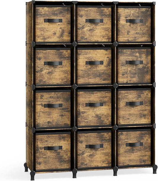 SONGMICS Cube Storage Organizer with Storage Boxes, Set of 12-Cube Organizer, 12 Collapsible Non-Woven Fabric Bins, Customizable, Space-Saving, Bedroom, Rustic Brown ULPC122K01