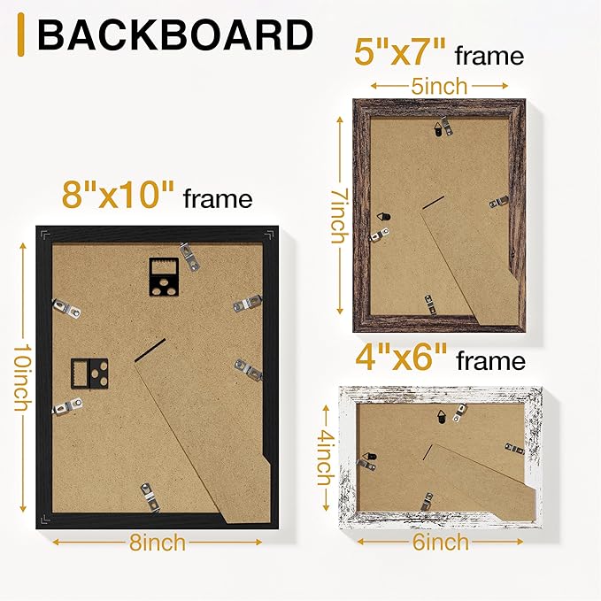 Vittanly 15 Pack Picture Frames Collage Wall Decor for Mounting or Tabletop, Gallery Frame Set for Family, Multi Sizes Including 3pcs 8x10, 6pcs 5x7, 6pcs 4x6, Black, Brown and Distressed White