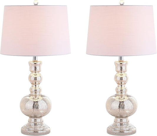 JONATHAN Y JYL1061D-SET2 Set of 2 Table Lamps Genie 28.5" Glass LED Table Lamp Contemporary Transitional Bedside Desk Nightstand Lamp for Bedroom Living Room Office College Bookcase, Mercury Silver
