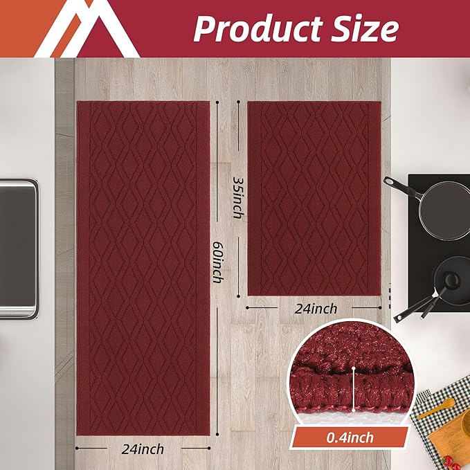 COSY HOMEER 60x24Inch/36X24Inch Kitchen Rugs Sets Non-Slip Washable Kitchen Mats for Floor Polypropylene Absorbent Kitchen Runner for Kitchen Sink Hallway Entryway(Red)