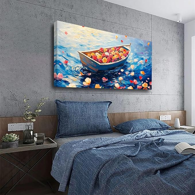 Flowers Boat Oil Pictures Wall Art Bedroom Wall Decor Living Room,Ocean Canvas Wall Art Office Farmhouse Paintings Artwork Modern Rose Colorful Flower Petals Blue Sea Waves Wall Art Prints 20 * 40inch