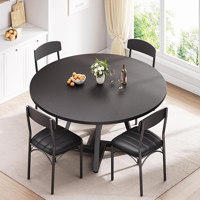 42“ Round Kitchen Dining Room Table for 2-4, Circle Dining Dinner Table with Pedestal Metal Frame, Space Saving Wood Industrial Furniture for Small Space (Black, 42IN)