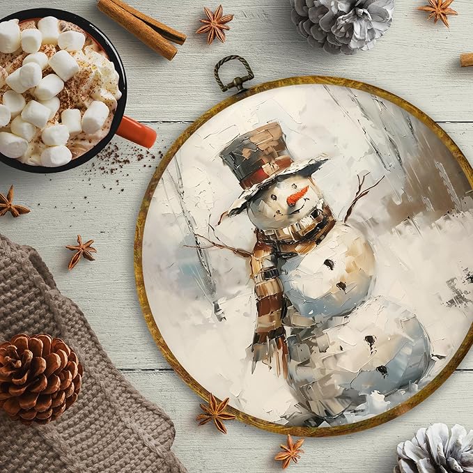 CUANFDDSF Vintage Winter Christmas Snowman Round Wall Art Decor, Cozy Winter Rustic Snowman Wall Hanging Frame Decor, Retro Christmas Canvas Prints Decorations for Home Bedroom Living Room, 10x10 Inch