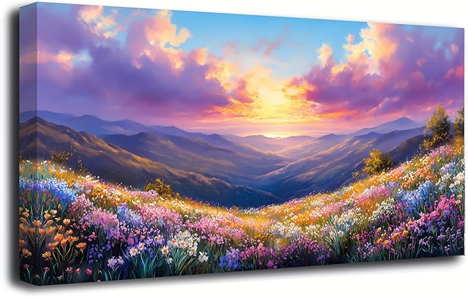 Purple Oil Painting Landscape Wall Art Bedroom Wall Decor Living Room,Purple Abstract Clouds Canvas Wall Art Office Artwork Modern Colorful Flowers Mountain Scenery Wall Art Prints Pictures 20 * 40in