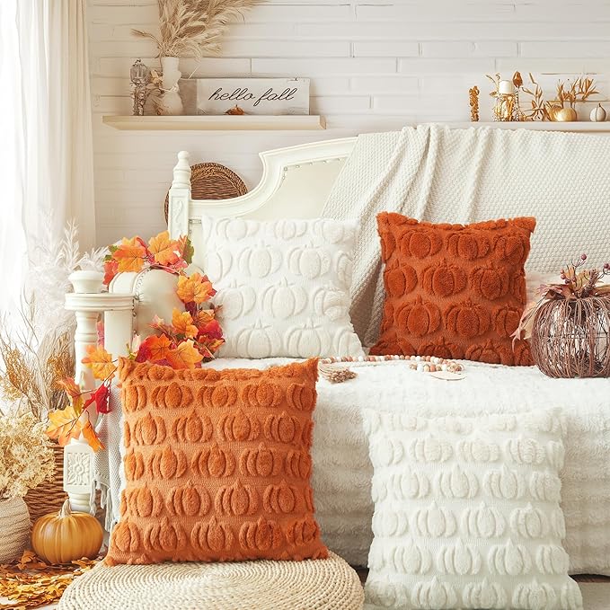 GEEORY Fall Pumpkin Throw Pillow Covers 12 x 20 Inch Set of 2, Autumn Soft Plush Faux Fur Wool Decorative Farmhouse Holiday Cushion Case for Home Decoration (Rust) GC001-12