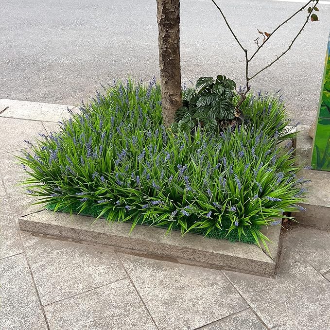 12 Bundles Artificial Plants Outdoor Fake Monkey Grass with Flowers for Pot UV Resistant Plant Decor for Window Garden Patio Hanging Planter Pathway Front Porch (Grass with Flowers)