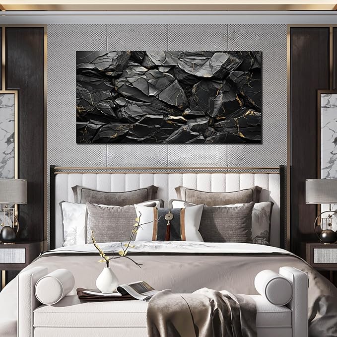 Black Stone with Golden Veins Canvas Wall Art for Living Room, Smooth Flat Rocks Picture Wall-Decor for Bedroom, Canvas Printed Artwork Decoration for Office, Size 48x24 Inches (Not 3D or Textured)