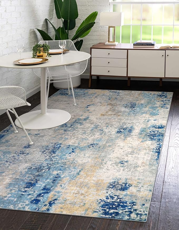 Lahome Modern Abstract Washable Area Rugs 5x7, Soft Living Room Rug Non Slip Stain Resistance, Faux Wool Floor Carpet for Bedroom Dining Room Nursery Kids Playroom,Blue/Grey