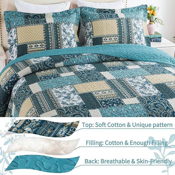 VAPUTAR Quilts Queen Size - 3 Piece Cotton Quilted Bedspread Coverlet, Soft Lightweight Quilted Bedding Set, Patchwork Boho Quilt with Pillowcovers Suitable for All Season and Room Decor (Dream Blue)