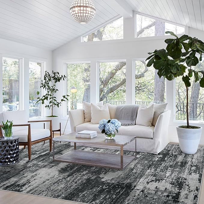 Area Rugs 9x12 Living Room: Large Machine Washable Area Rug with Non Slip Backing Non Shedding Abstract Stain Resistant Carpet for Bedroom Dining Room Nursery Home Office - Black