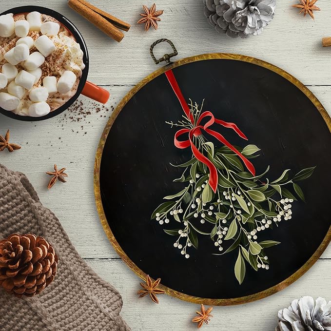 CUANFDDSF Vintage Christmas Mistletoe Round Wall Art Decor, Xmas Holiday Red Bow Mistletoe Botanical Wall Hanging Frame Decor, Elegant Christmas Canvas Prints Decorations for Home Bedroom, 10x10 Inch