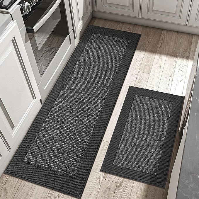 BEQHAUSE Kitchen Rugs and Mats Set of 2 Non-Slip Kitchen Mats for Floor, Absorbent and Stain Resistant Kitchen Runner, Machine Washable Rugs for Kitchen, Laundry & Sink, 20"x32"+20"x48", Charcoal