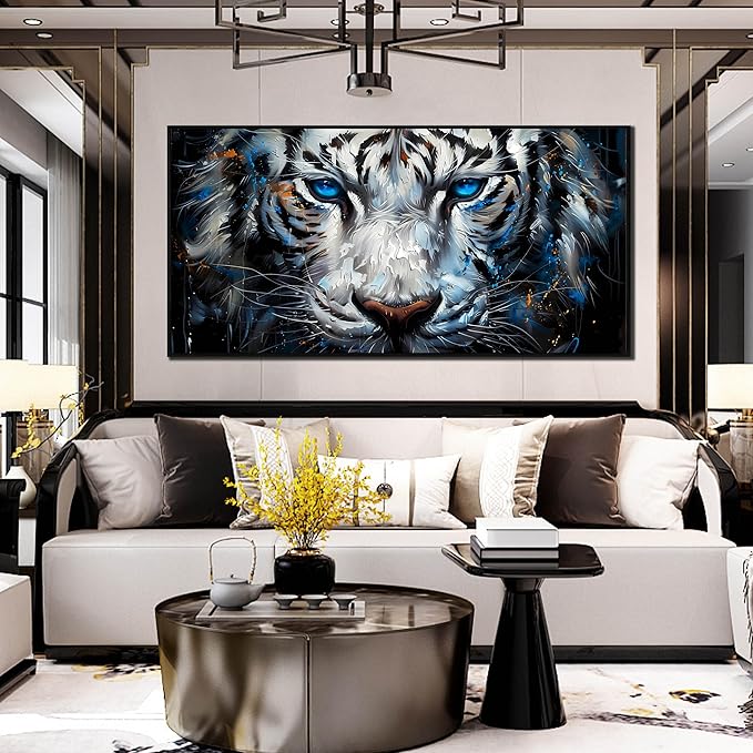 ZHAOSHOP White Tiger Art Wall Decor for Living Room - Black and White Office Decor for Men - Black Framed Canvas Wall Art Size 29" x 59"