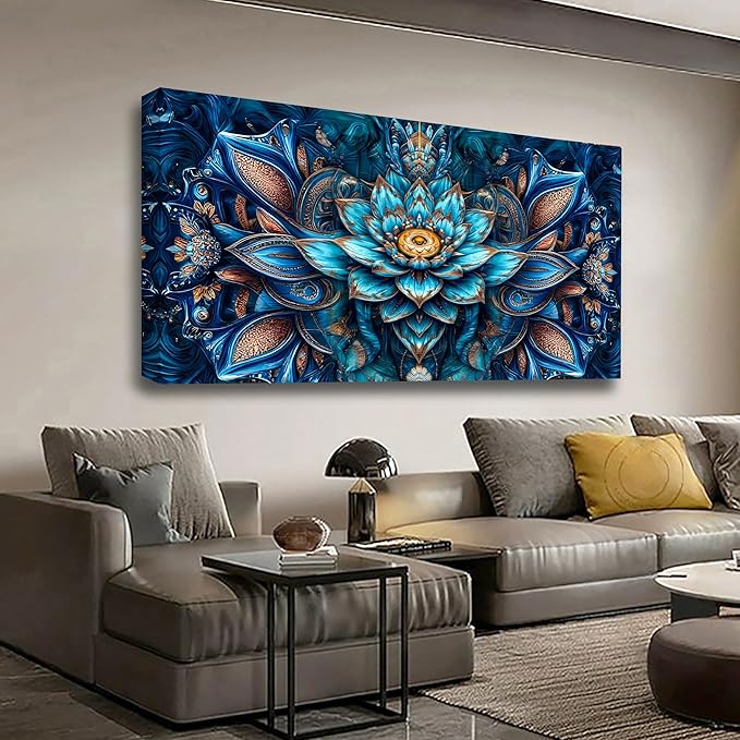 Blue Abstract Wall Art Bedroom Wall Decor Living Room,Lotus Flower Pattern of Design Canvas Wall Art Office Farmhouse Paintings Artwork Modern Golden Teal Boho Wall Art Prints Pictures 20 * 40inch
