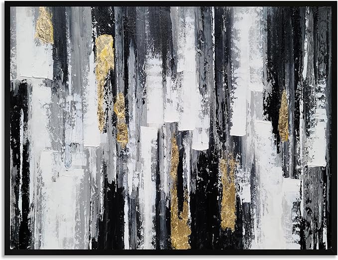 Yihui Arts Framed Black and White Hand Painted Canvas Wall Art with Gold Foil