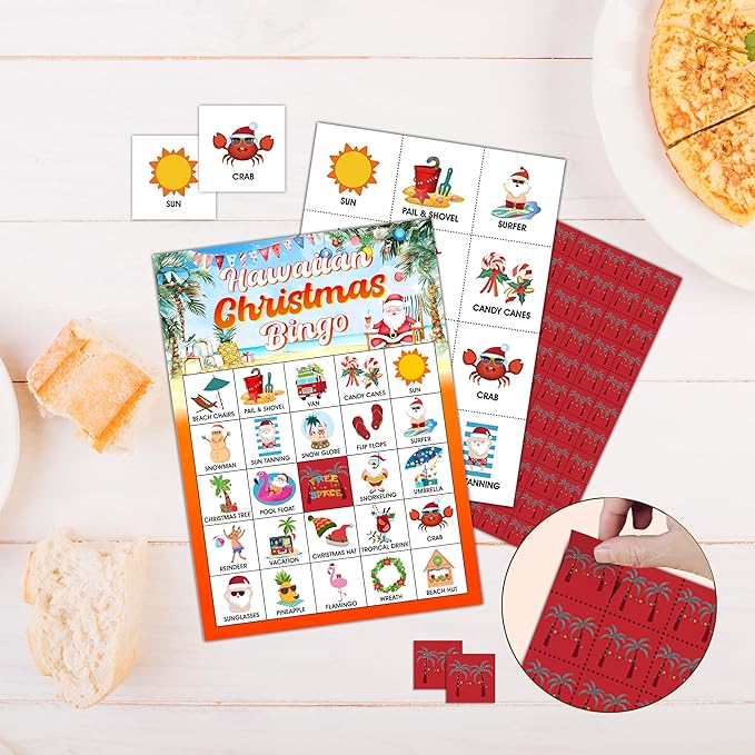 Hawaiian Christmas Bingo Games Cards, Summer Beach Party Game, Tropical Christmas Party Game Decor, Bingo Sets for Adults Large Group, Tropical Christmas Theme Party Activity Supplies -A02