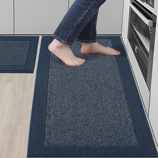 BEQHAUSE Kitchen Rugs and Mats Set of 2 Non-Slip Kitchen Mats for Floor, Absorbent and Stain Resistant Kitchen Runner, Machine Washable Rugs for Kitchen, Laundry & Sink, 20"x32"+20"x48", Blue