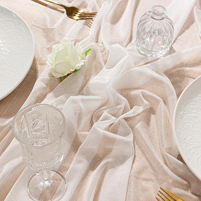 FEXIA White Chiffon Table Runner Sheer Sparkling Chiffon Fabric Bridal Party Romantic Baby Shower Wedding Reception Decorations 29x118 Inches