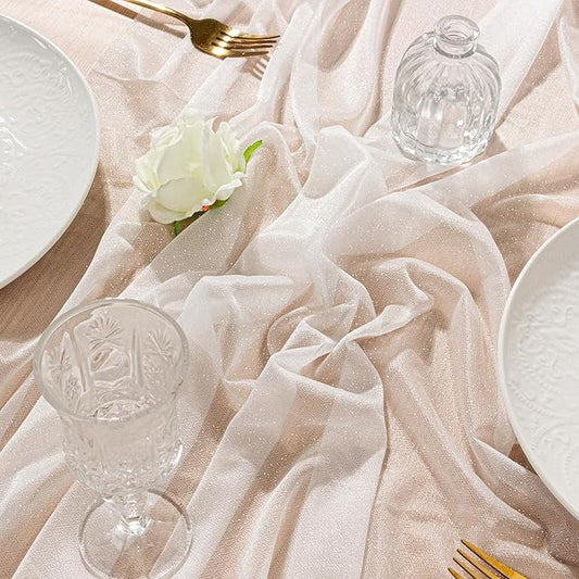 FEXIA White Chiffon Table Runner Sheer Sparkling Chiffon Fabric Bridal Party Romantic Baby Shower Wedding Reception Decorations 29x118 Inches