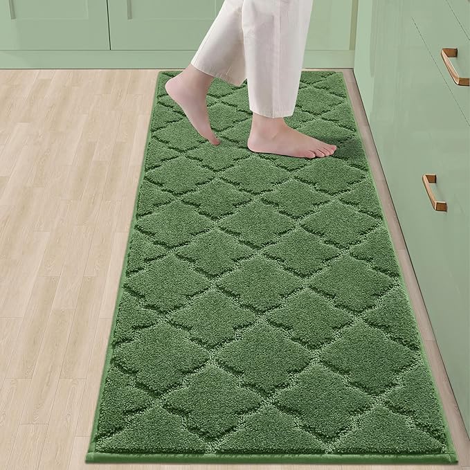 COSY HOMEER Soft Kitchen Floor Mats for in Front of Sink Super Absorbent Rugs 20"x59" Non-Skid Kitchen Standing Mat Washable,Polyester,Green