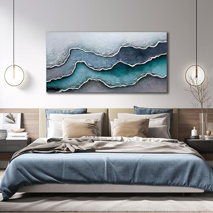 Blue and White Beach Hand Painted Wall Art for Bedroom Modern Art Wall Decor for Office Big Canvas Wall Decor for Bedroom Size 29 x 58 Inch