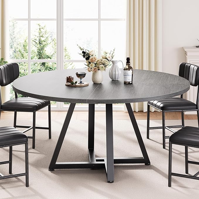 51“ Round Kitchen Dining Room Table for 6-8, Circle Dining Dinner Table with Pedestal Metal Frame, Space Saving Wood Industrial Furniture for Small Space (Grey, 51In)