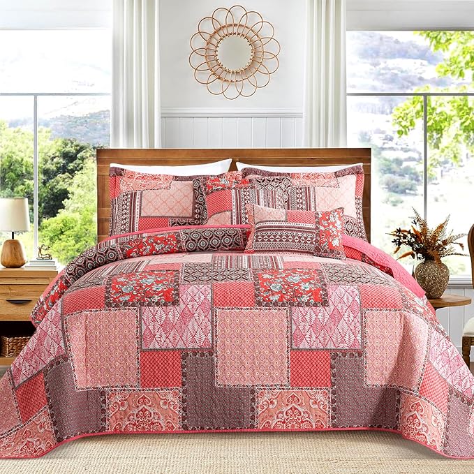 VAPUTAR Cotton King Size Quilt Bedding Sets, 3 Pieces King Bedspread Lightweight Quilted Reversible Coverlets Farmhouse King Quilt Set Suitable for All Seasons Decoration