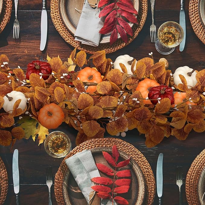 Zeyune 1 Pcs 6ft Long Fall Artificial Garland with Pumpkin Autumn Mixed Eucalyptus Garland Farmhouse Hanging Rustic Fall Wreath Decor for Front Door Kitchen Fireplace Home Indoor Outdoor