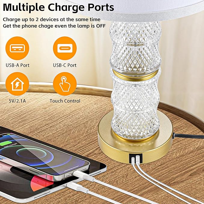 GRUENLICH Crystal Bedside Lamps Set of 2, Gold Bedroom Nightstand Light with Touch Control, 3-Way Dimmable Table Lamps, USB C+A Charging Ports for Living Room and End Tables